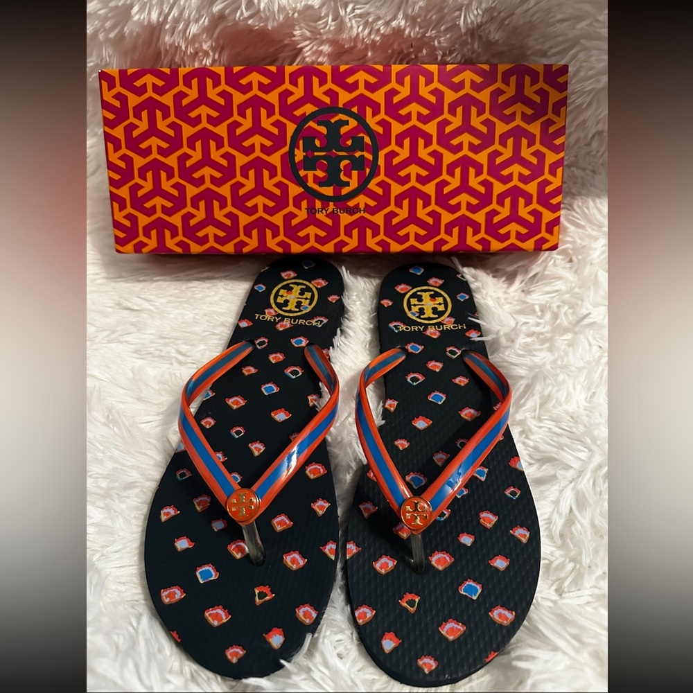 Tory Burch Orange and Blue Flip Flops